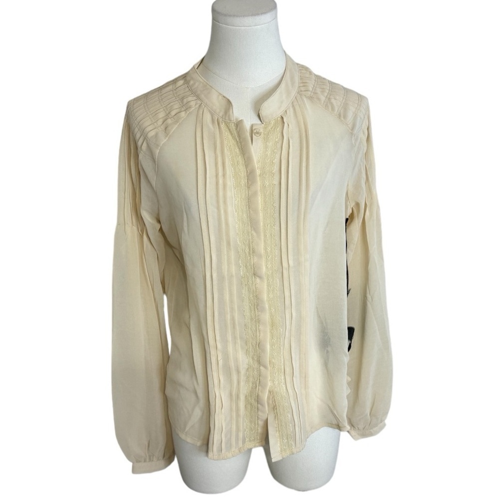 LOVE STITCH Cream Sheer Button Down Lace Top Shirt Blouse Work Party size S NWT